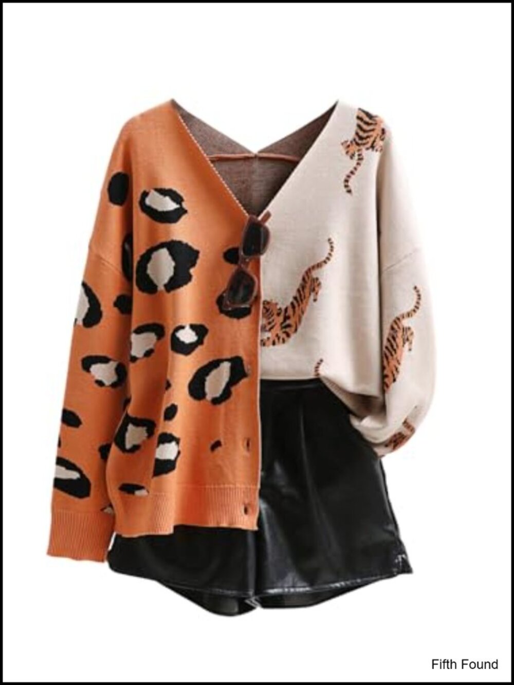 Leopard Tiger Print Cardigan V Neck Long Sleeve Loose Fit Sweater